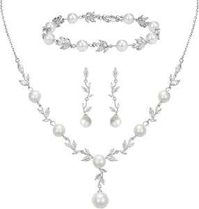 SWEETV Pearl Bridal Jewelry Set for Women - Earrings, Necklace, Bracelet
