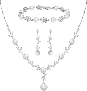 SWEETV Jewelry Set for Bride Women, Cubic Zirconia Pearl Bridal Earrings Necklace Bracelet Set, Bridal Jewelry Set for Wedding Prom