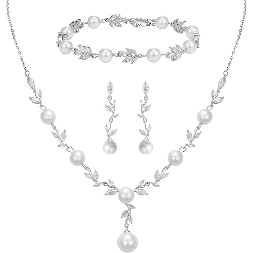 SWEETV Jewelry Set for Bride Women, Cubic Zirconia Pearl Bridal Earrings Necklace Bracelet Set, Bridal Jewelry Set for Wedding Prom