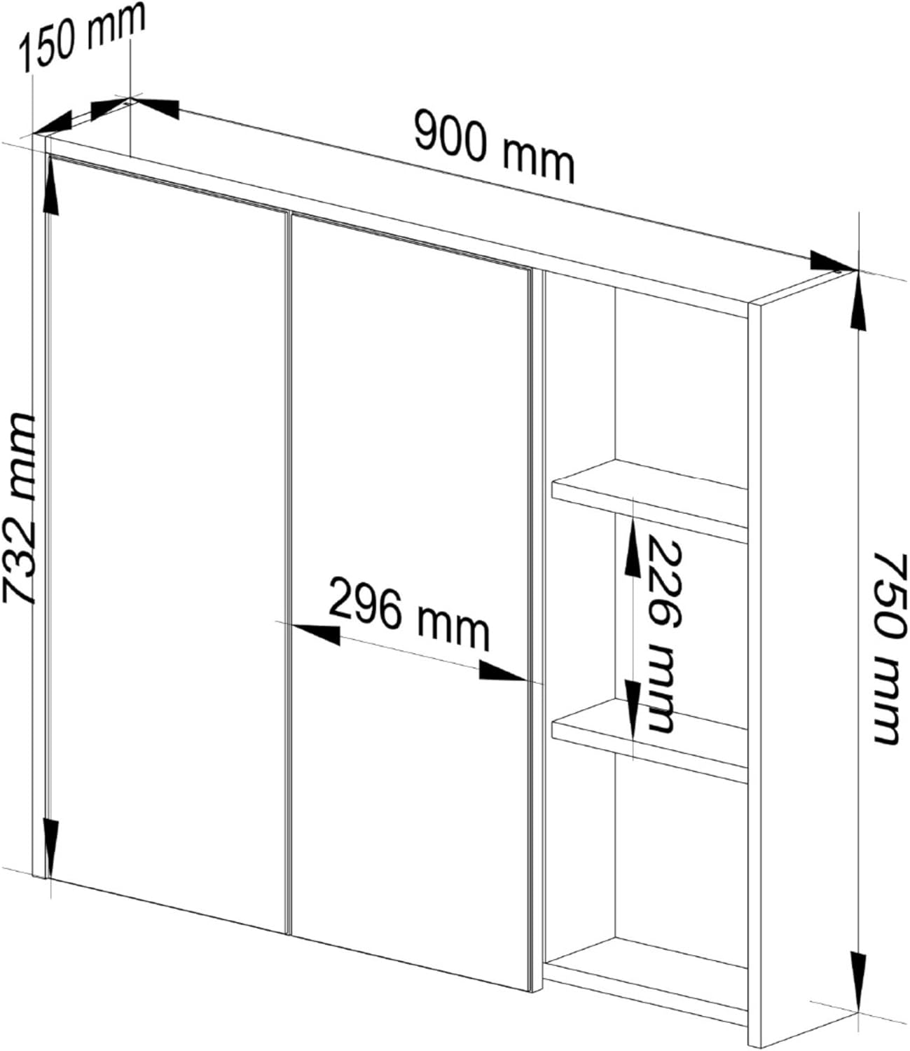 Diagram showing the dimensions of the AKORD VAMI 90 cm Bathroom Mirror Cabinet: 900 mm width, 750 mm height, 150 mm depth.
