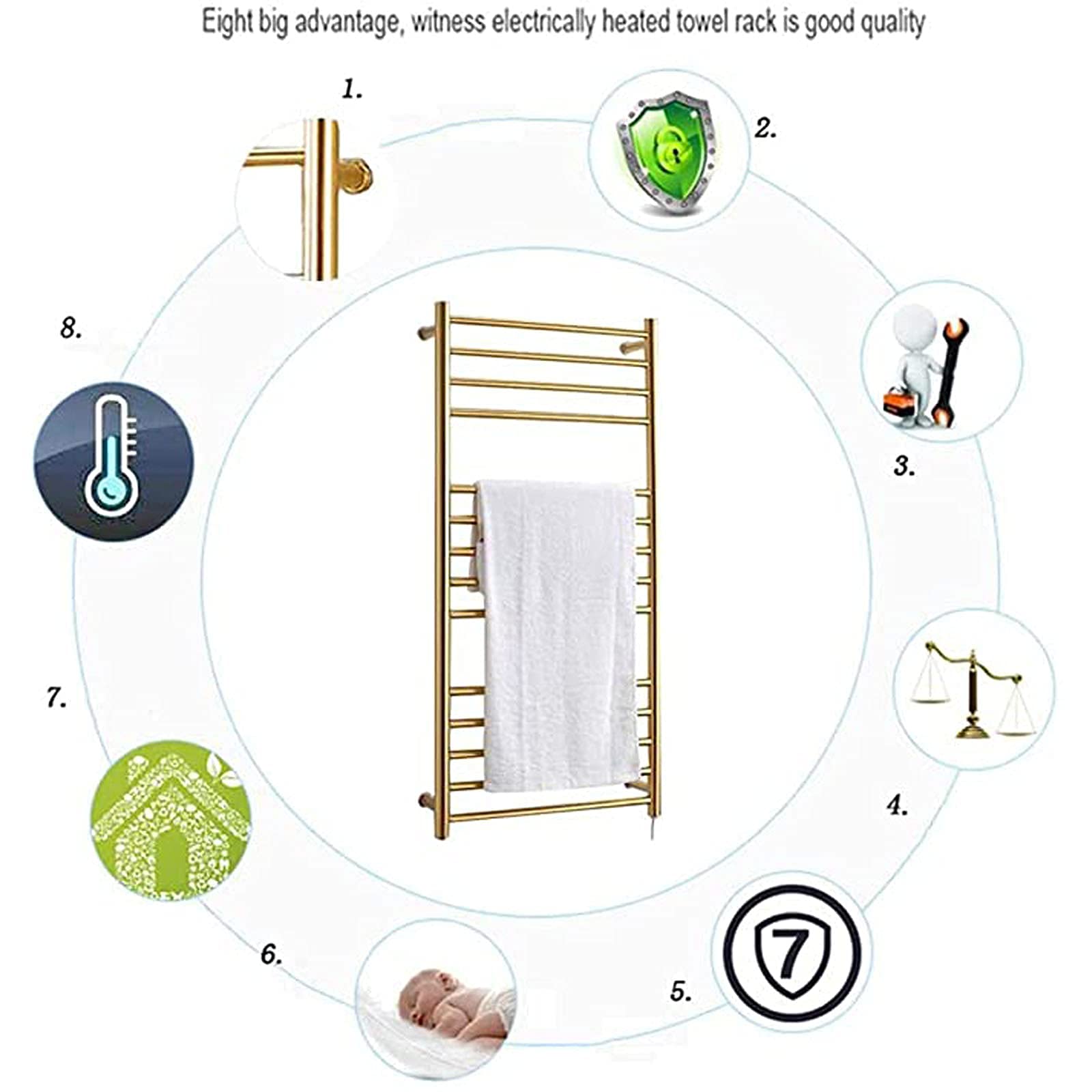 Radiador toallero eléctrico de Pared de Acero Inoxidable 304, con Funciones de Secado y Aislamiento, para toallero calefactado de baño (Gold-Hardwired)