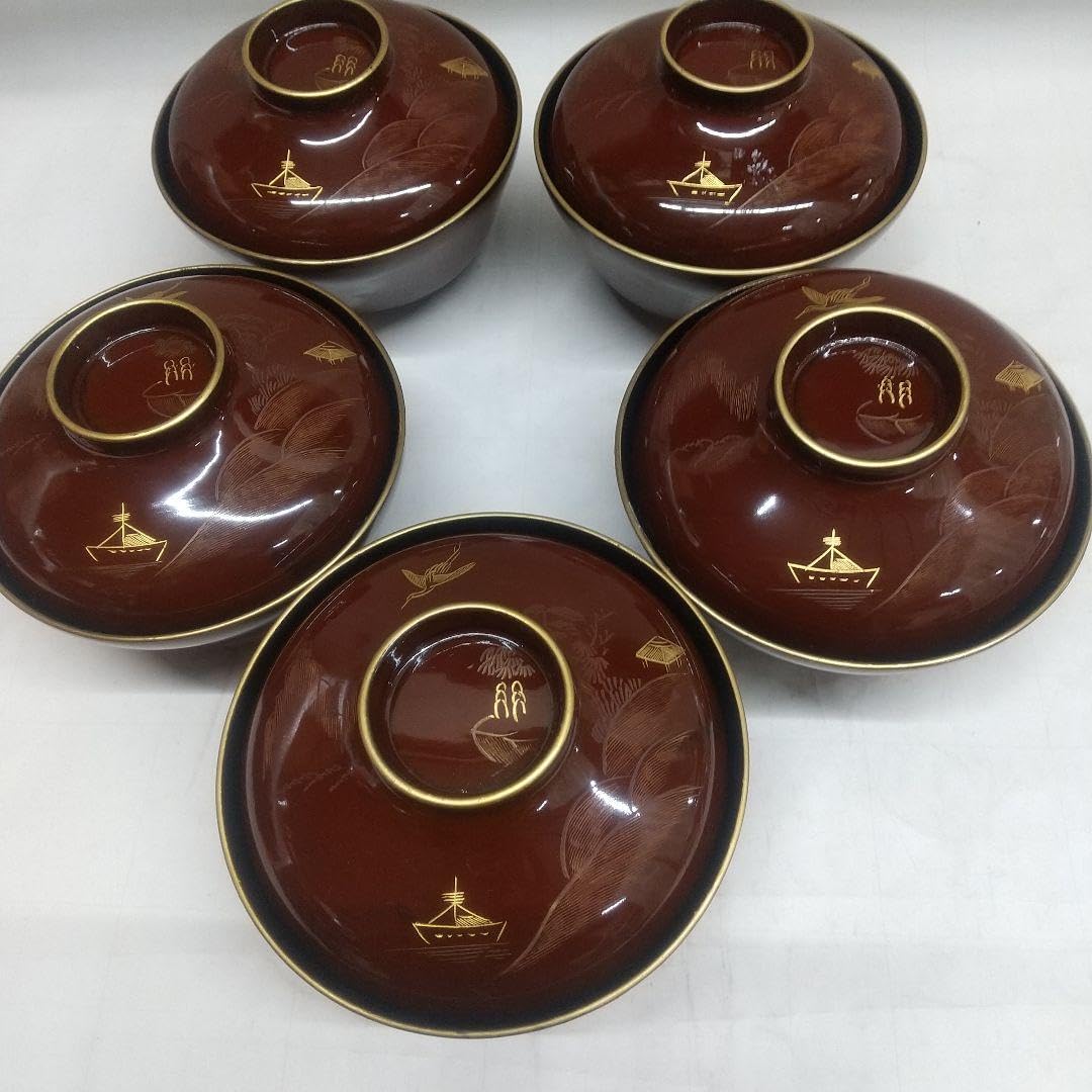 Amazon.co.jp: 川連漆器 沈金蒔絵吸い物椀 うるみ塗内黒 5客 : ホーム 