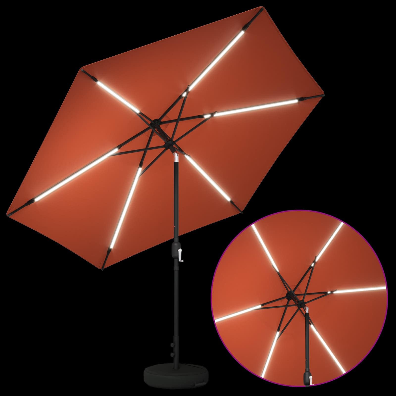 Parasol de jardín con luces LED y base estable de 300 x 300 cm, protección UV, iluminación solar, función de inclinación, resistente a la intemperie, ideal para patio, jardín, balcón