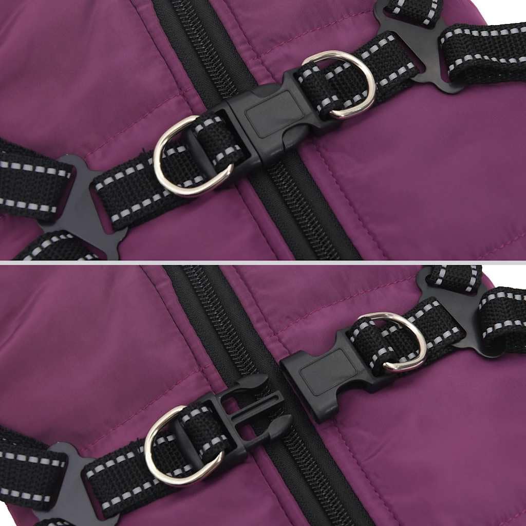 Abrigo para perro con arnés impermeable reflectante, ropa para perro para invierno, otoño, nieve, paseo, forro polar, ajustable, cómodo, morado, L24 con cremallera y anillo D