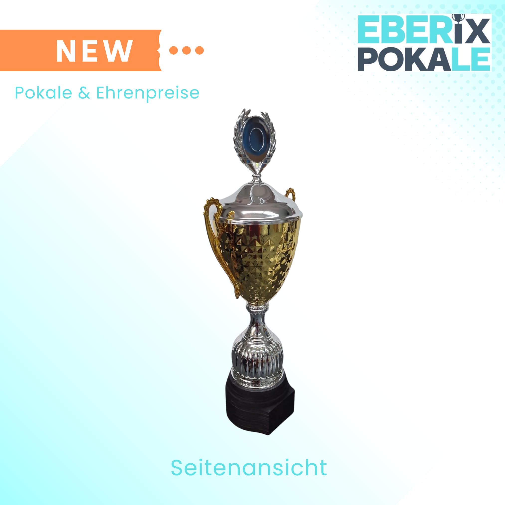 EBERiX · Athena oder Ares Wanderpokal · Wanderpokal mit Gravur · Eleganter Metallpokal mit Deckel & Holzsockel · 46 cm Höhe · Inkl. Gravurschild · personalisierbar