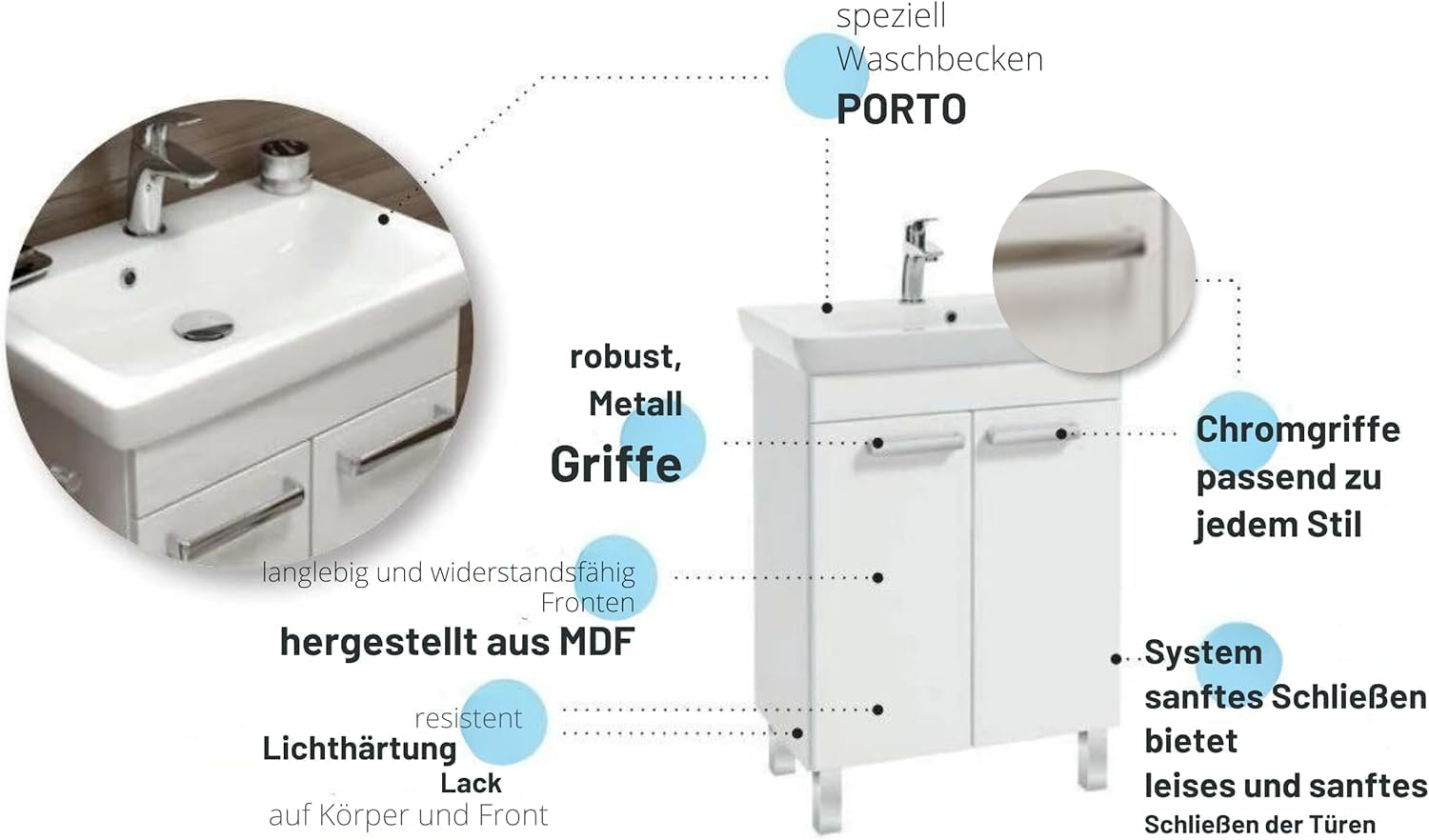 .Deftrans - Umywalka z szafką stojąca 55 cm zestaw – meble łazienkowe wysoki połysk biały – umywalka z szafką i umywalką ceramiczną – w zestawie chromowana bateria, syfon i lakier zatrzaskowy - 34,5 t