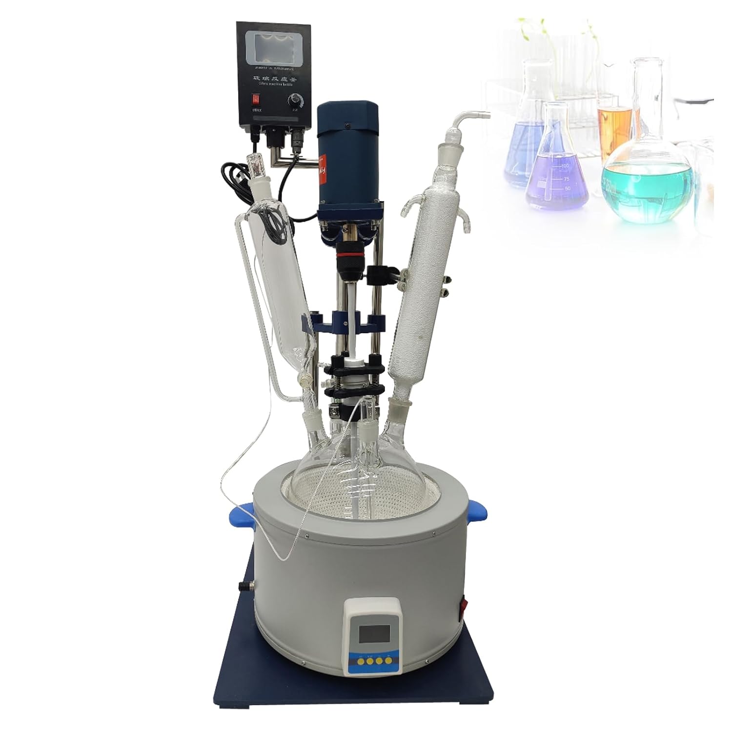TECHTONGDA 5L Lab Jacketed Reactor 110V Single-Layer Glass Reactor, Chemical Reaction Distillation Equipment Kit with Electric Heating Sleeve, 0-600 RPM Stepless Speed Regulation