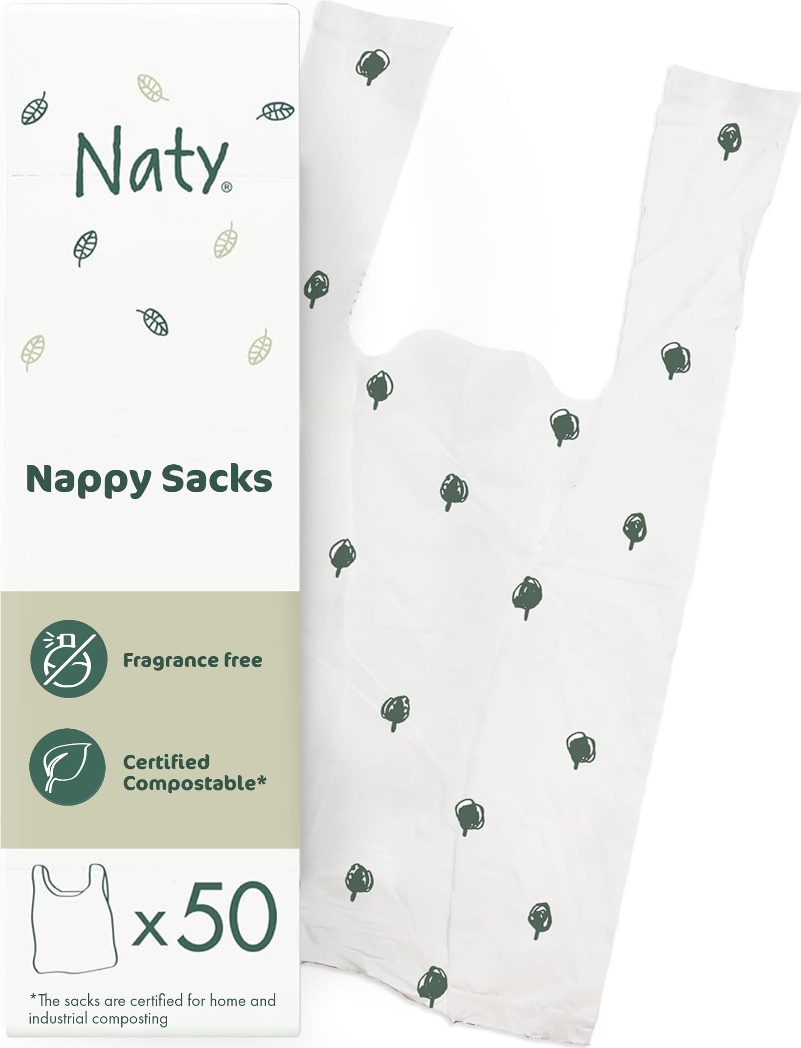 Naty compostable nappy bags with easy tie handles, 50 count | Fragrance-free sacks for baby changing & disposal, travel and pet waste, Plant-based, On-the-go use