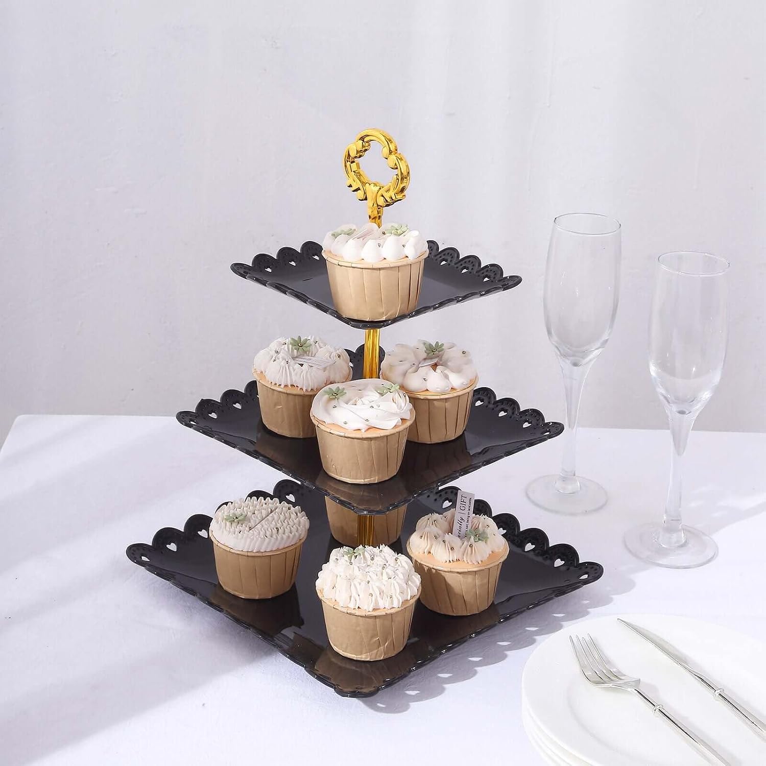 Efavormart 13" Black 3-Tier Square Cupcake Stand, Dessert Holder - Plastic with Heart Design Scalloped Edges