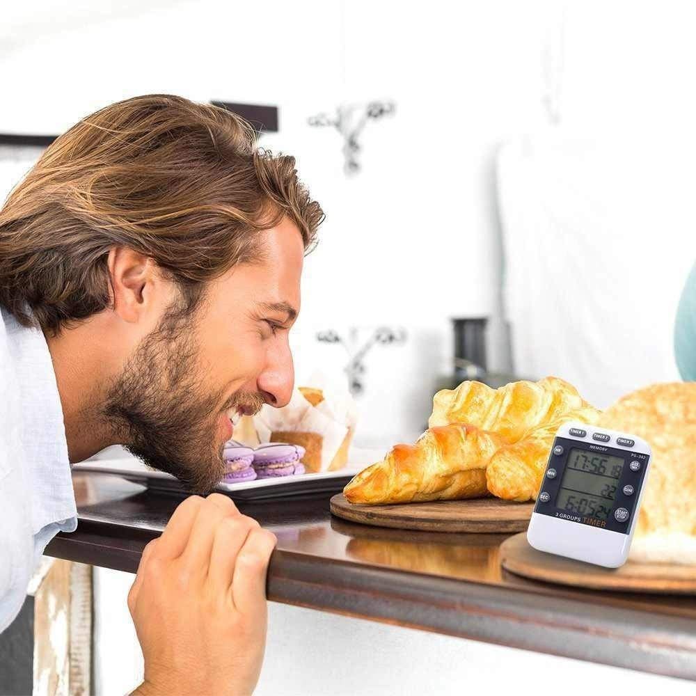 Termómetros de Horno, Reloj Temporizador Digital de Cocina, Temporizador de Bolsillo con Cuenta Regresiva simultánea de 3 Canales, Pantalla LED Grande y Alarma Sonora.