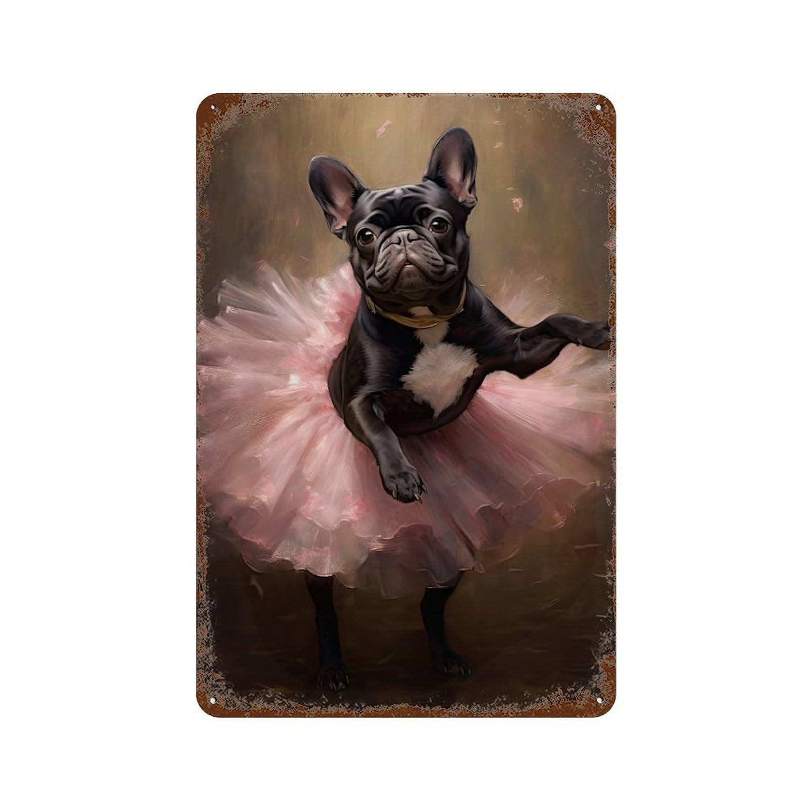 French Bulldog Ballerina Vintage Wall Sign 11.8"x7.9", Rust Effect Metal Decor for Office, Studio And Wall Decor