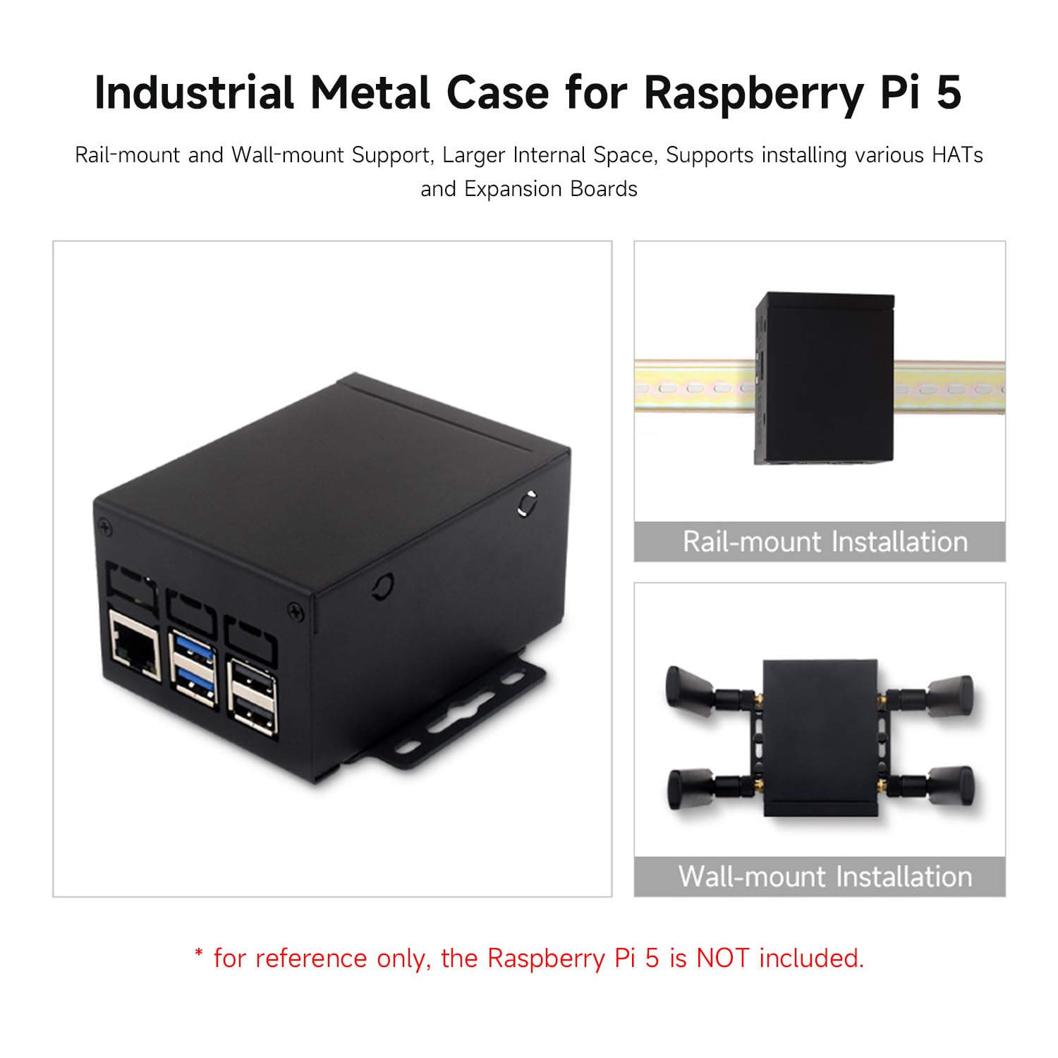 Waveshare Industrial Grade Metal Case (D) for Raspberry Pi 5, Larger Internal Space, Supports Installing Official Cooling Fan and Various Hats, Wall-Mount and Rail-Mount Support