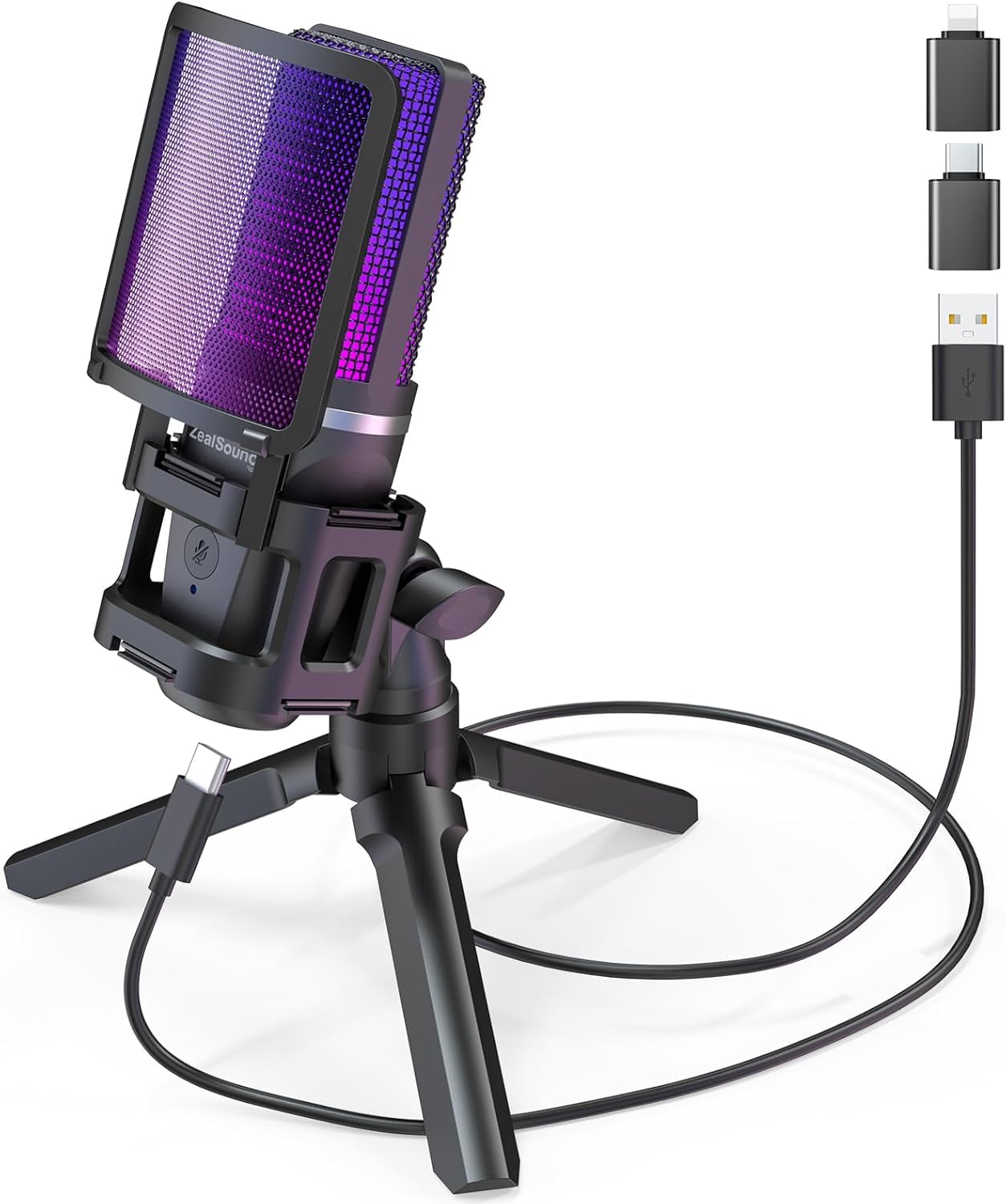 zealsound USB Microphone for PC/Phone,RGB Microphone Mic With Tripod Stand,Quick Mute,Gain Control,Asmr,Cardioid Microphone for Youtube/Streaming/Podcasting/Recording,Pop Filter Mic for Laptop/PS4/PS5-image-16