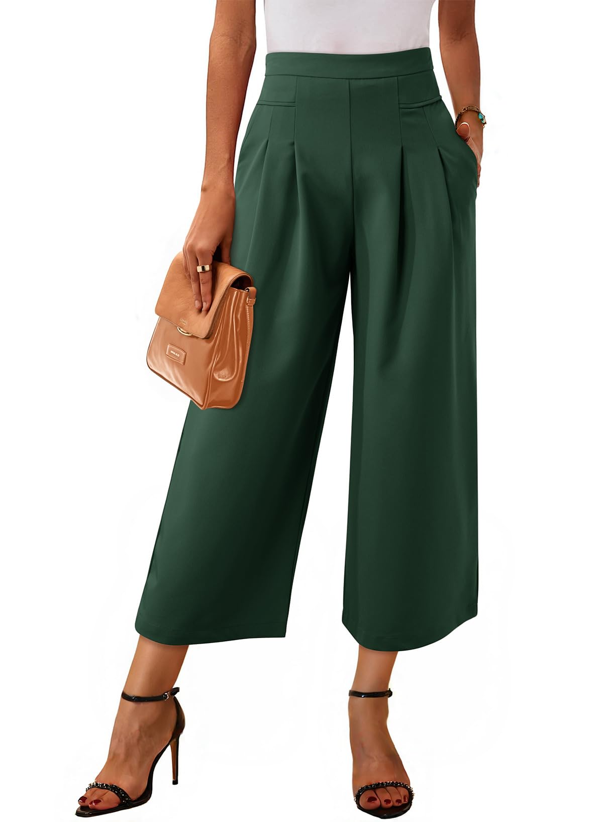 Dokotoo Womens Wide Leg Cropped Suit Pants Work Business Palazzo Summer Pleated Waisted Side Zipper Up Trousers with