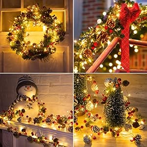 Christmas Pine Lighted Garland Decor 98 Ft 60 LEDs Red Berry Pine Cone Battery Operated Christmas Garland Lights with 8 Modes Remote Control for Mantle Fireplace Stairs Xmas Tree Indoor Decor