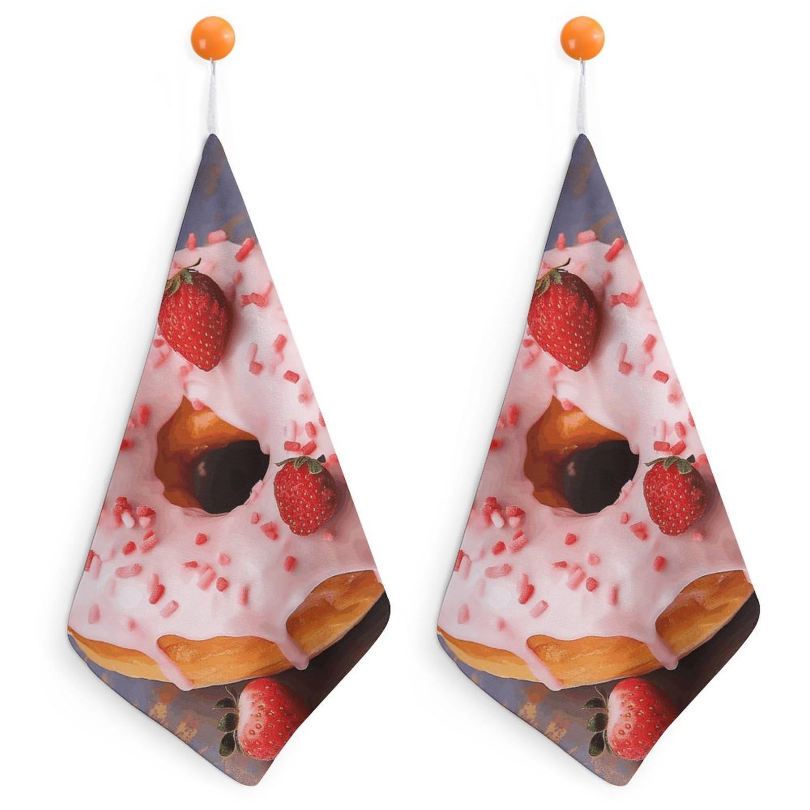 QMNLKH Strawberry Donut Hand Towels for Kitchen, Quick Dry Hanging Hand Towels with Loops, Absorbent Hand Towel for Bathroom, Square Soft Microfiber Towels for Gym, 11.8inch 2PCS