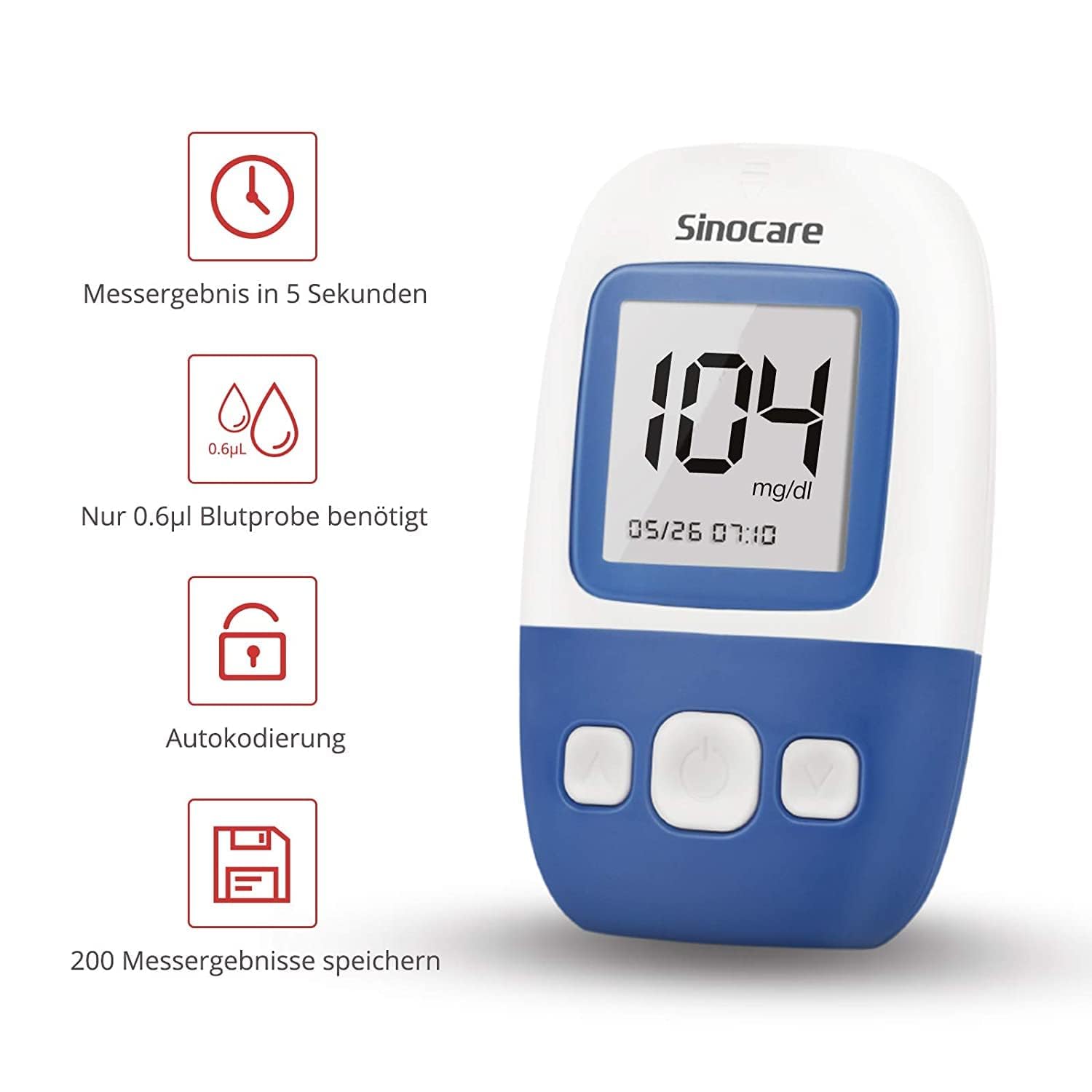 sinocare Safe AQ Angel Blood Glucose Meter highlighting features like 5-second result, 0.6µL blood sample, auto-coding, and 200 memory storage.