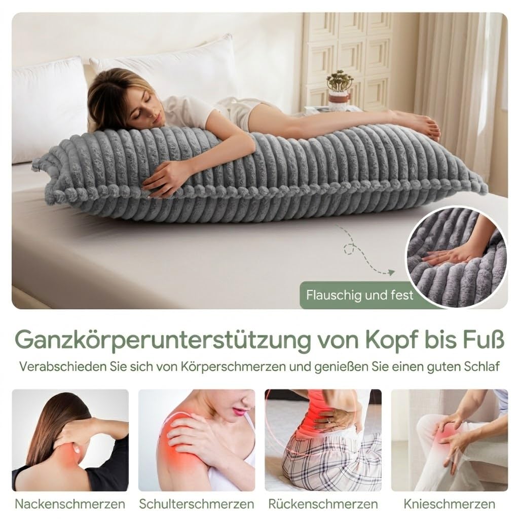 HIGOGOGO Memory-Schaum Körperkissen, verdicktes großes langes Betttuch für Erwachsene, Ganzkörperkissen mit abnehmbarem Bezug (50 x 137 cm), Grau