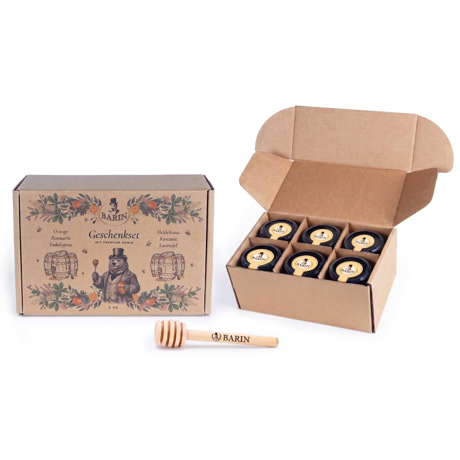 BARIN Honig Geschenkset – 6 Sorten Premium Sortenhonig aus Portugal (6×500 g), Probierset im Geschenkkarton mit Holz-Honiglöffel, Orangen-, Eukalyptus-, Kastanien-, Heide-, Lavendel- &