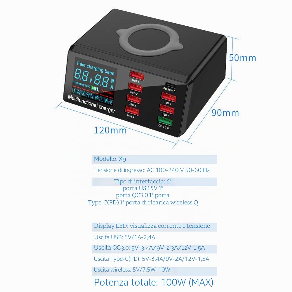 X9 - Caricatore USB wireless a 8 porte, ricarica rapida PD + QC3.0 + stazione di ricarica USB con display a LED, compatibile con telefono/laptop/tablet spina UE