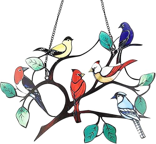 Decoración colgante de ventana de pájaros de metal teñido, adorno colgante de ventana de seis pájaros cardenales con cadena de metal, decoración de