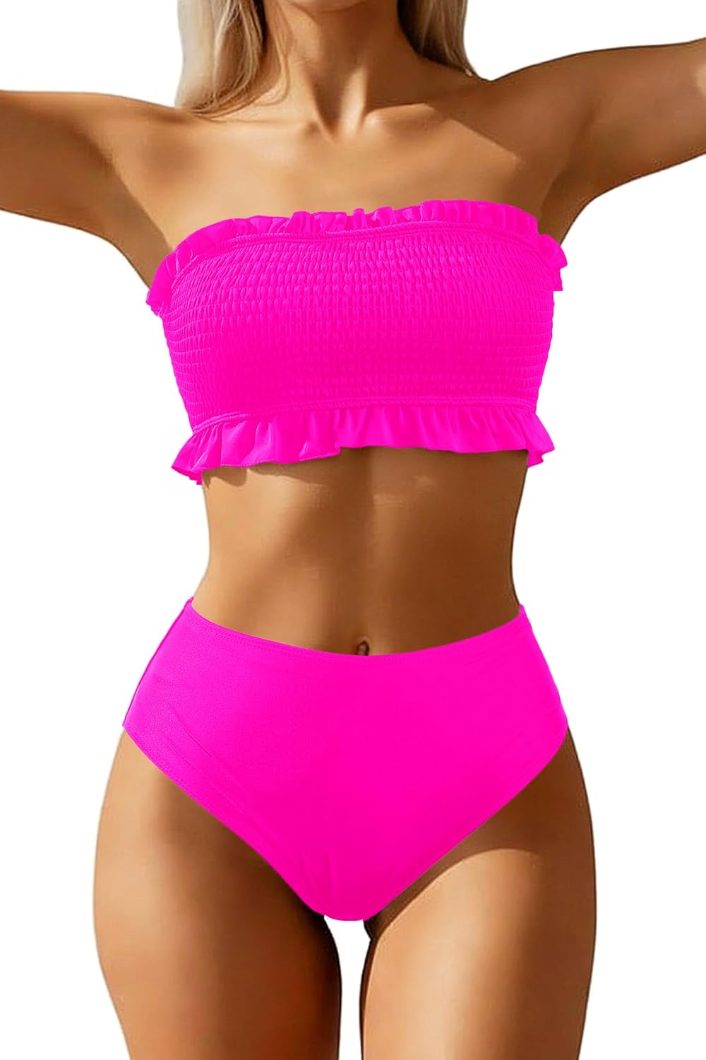 Tempt Me Women Bandeau High Waisted Bikini Sets Smocked Swimsuit Strapless Two Piece Bathing Suit