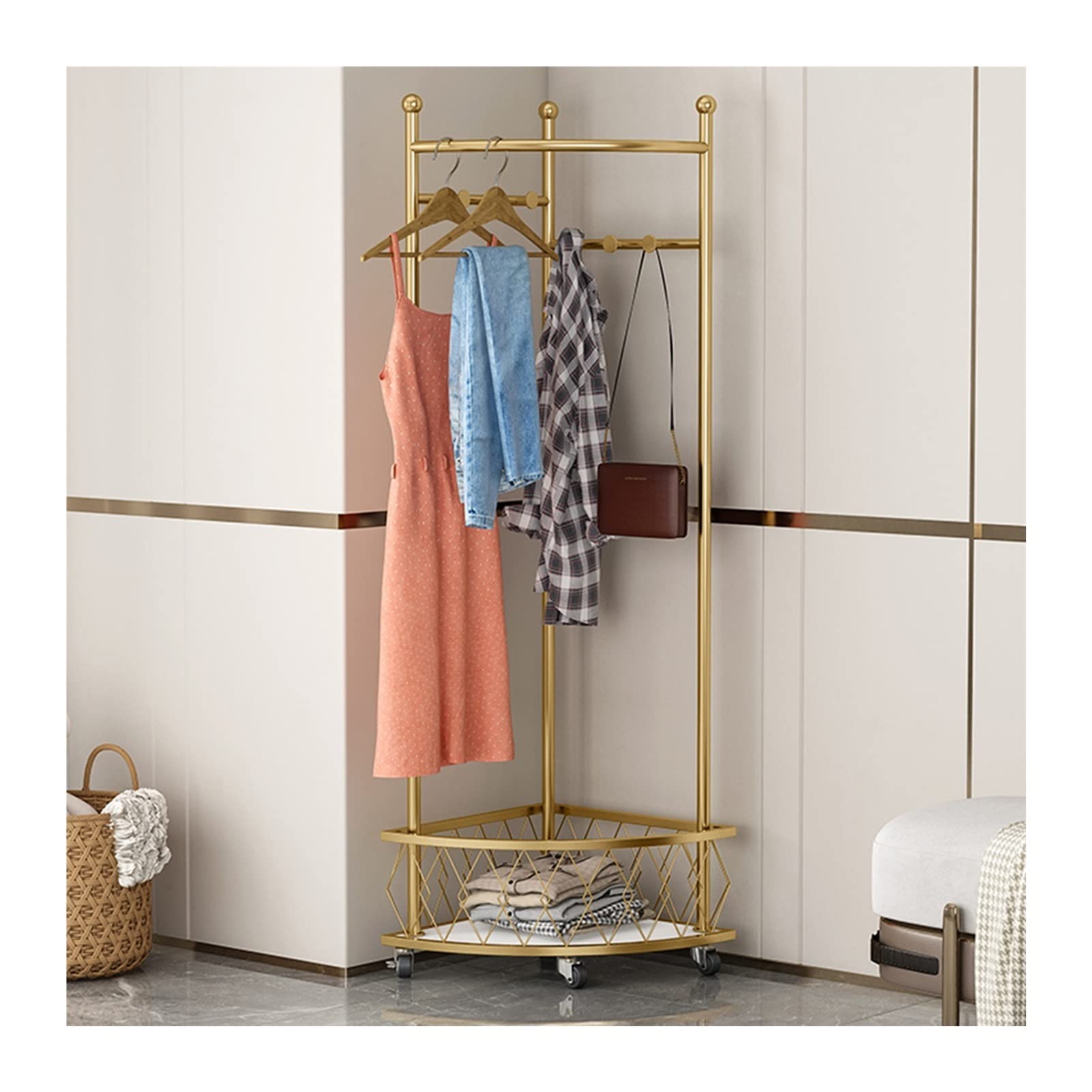 Porte-manteau doré à roulettes vestiaire d'angle compact 45x45 cm
