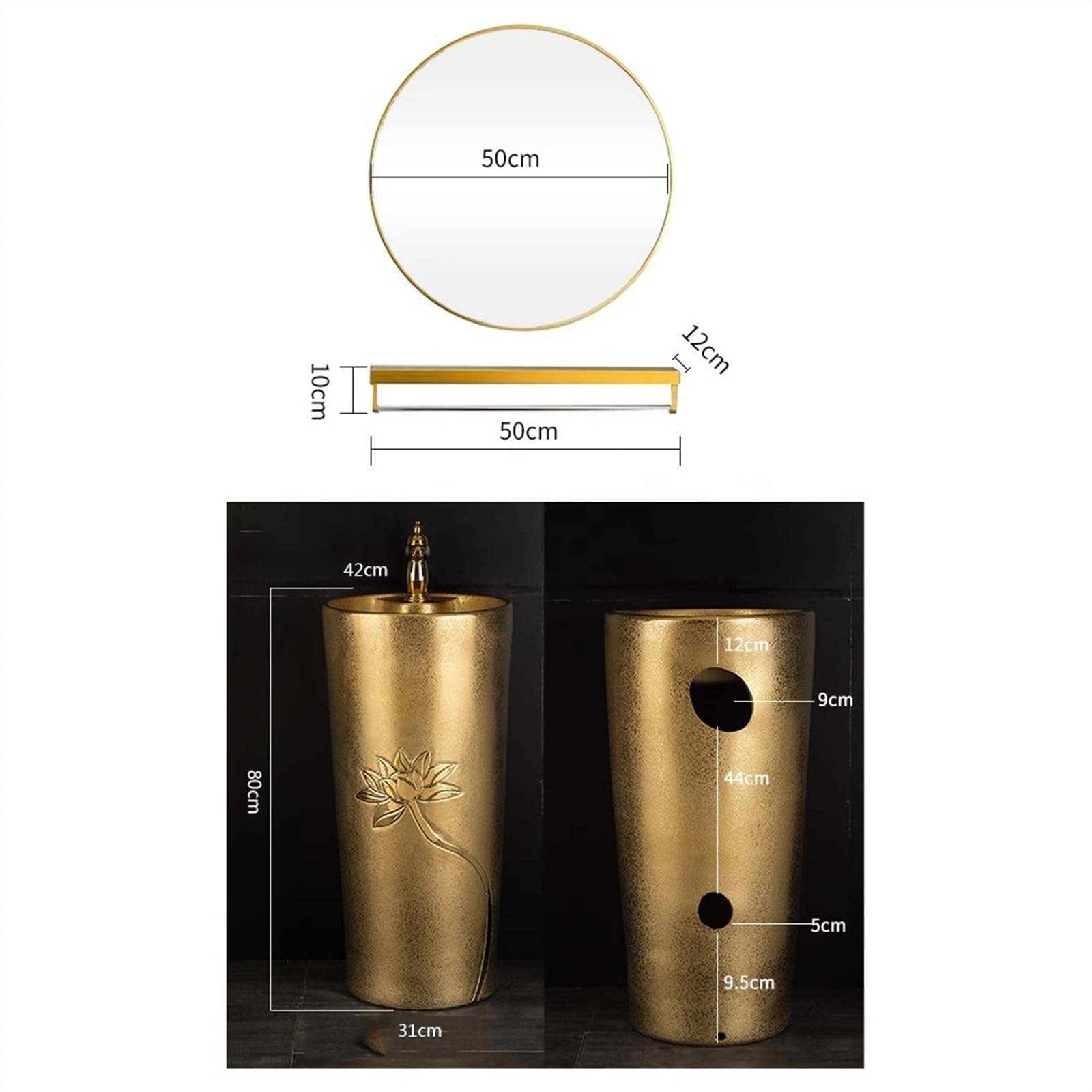 Fregadero dorado con relieve de loto, lavabo de pie galvanizado dorado, fregadero de cerámica de una pieza, talla A, B-One Size