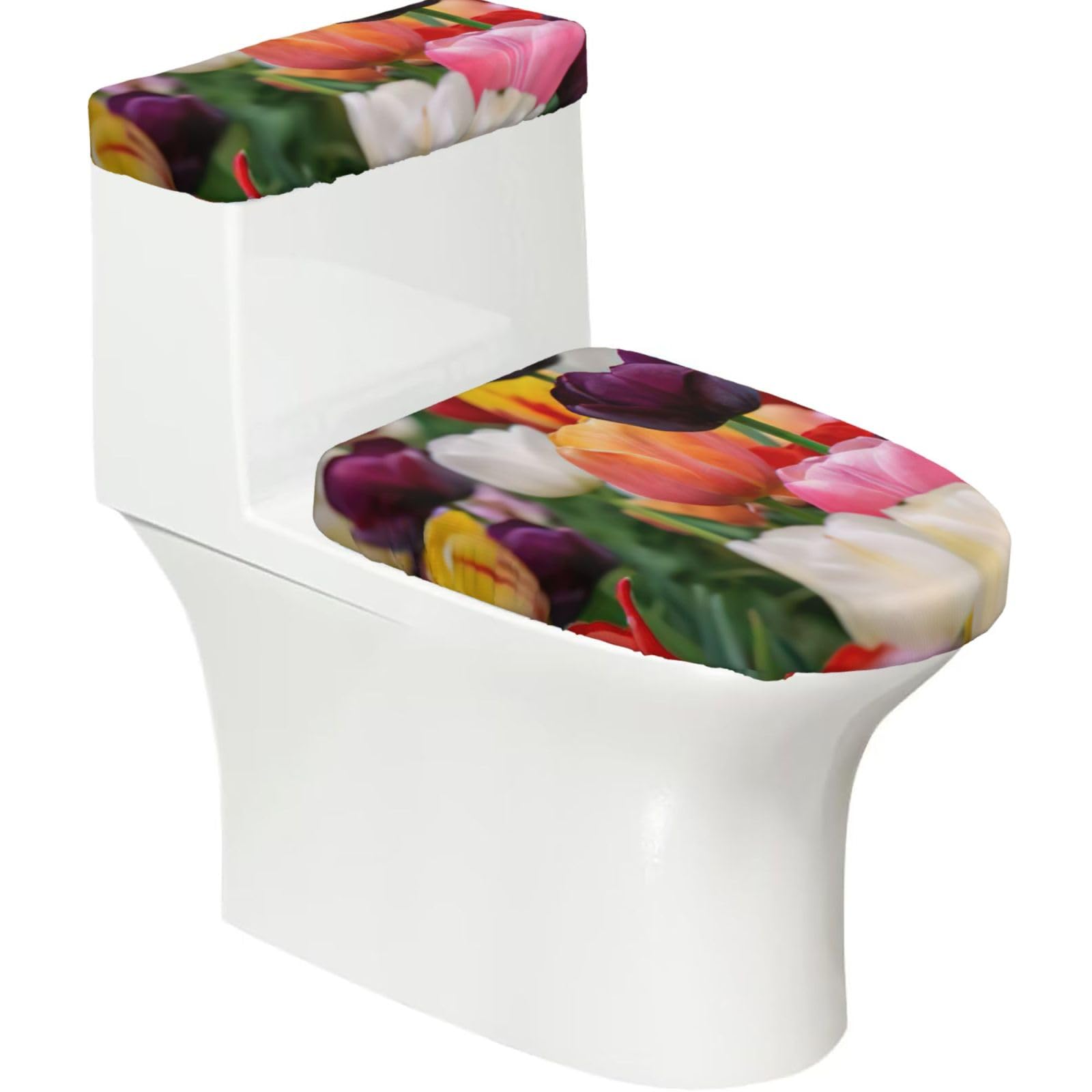 Tulips Print Toilet Seat Lid And Tank Covers Universal Fit Smooth Seat Cushion Easy To Clean For Home Hotel