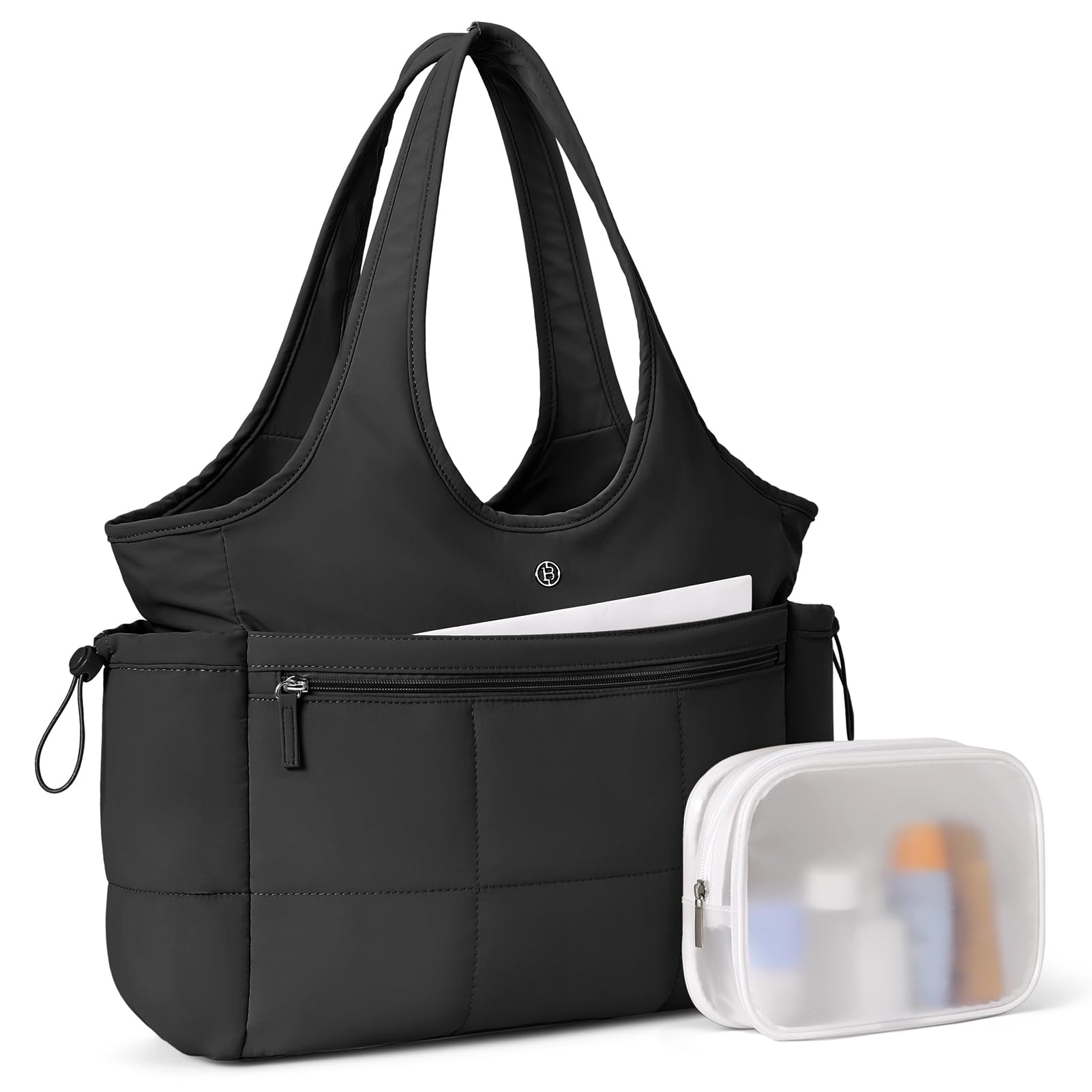 BostantenPuffer Tote Bag for Women Travel Tote Bag with Trolley Sleeve Lightweight Quilted Laptop Nurse Bag with Zipper, Black, Large