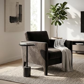 Home Decor End Table, Side Table, or Night Stand - Elegant Slim Metal Accent Table with Marble Top and Base for Bedroom or Living Room - Minimal Design Perfect for Big and Small Spaces - 24" Black