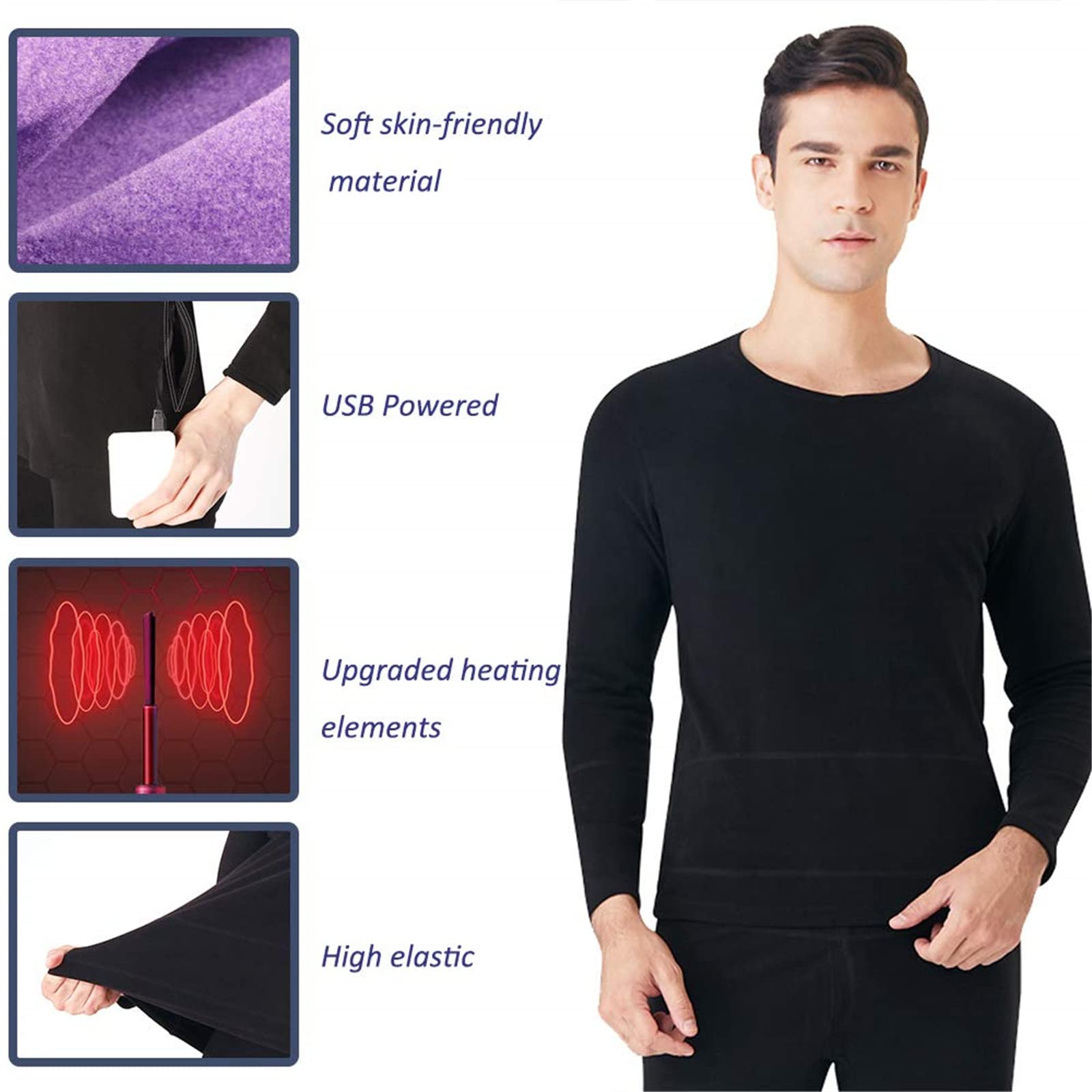 Abbigliamento Caldo per Riscaldamento Elettrico, termostato Intelligente a 3 velocità Abbigliamento per Riscaldamento Elettrico Set di Biancheria Intima riscaldata per Uomo Donna (Nero XL)