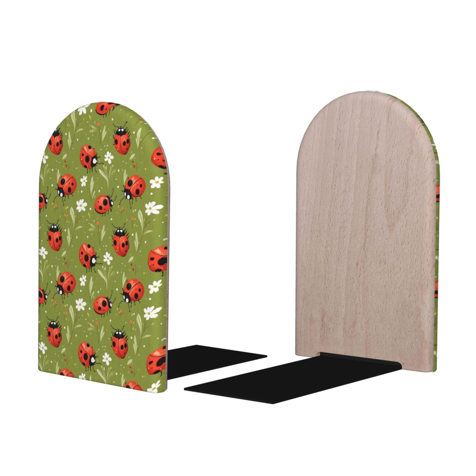 Cute Daisy Coccinellidae Print BookEnds 1 Pair, Decorative Bookends for Heavy Books, Wood Book Ends for Shelves, Book Organizer for Home Desk Office Supplies