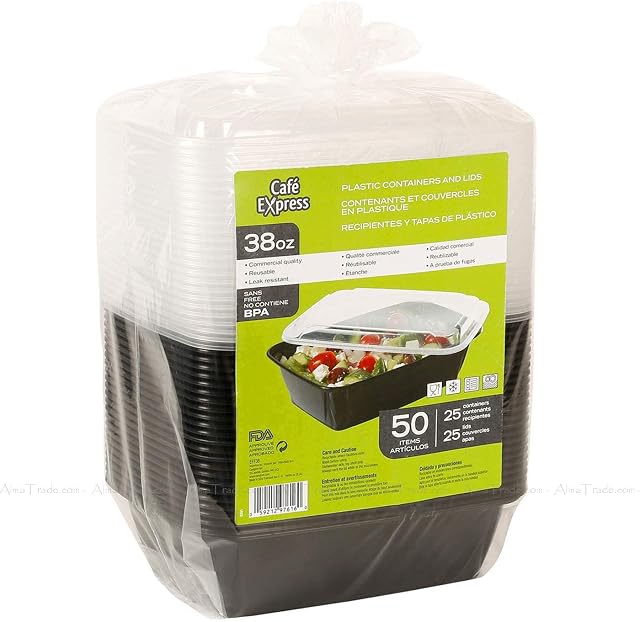 Cafe Express 38oz Black Plastic Salad Food Reusable Containers + Lids Pack of 50