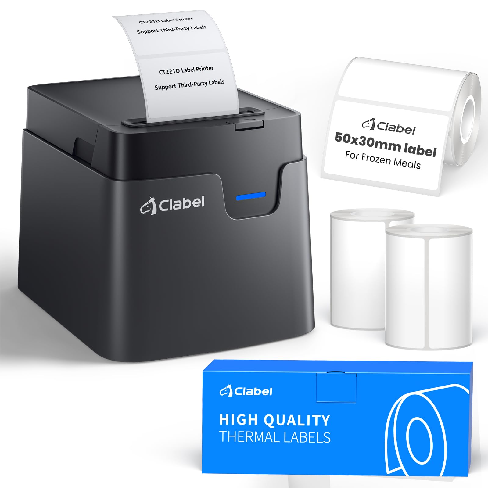 CLABEL 221D Stampante Etichette Bluetooth Set per Congelamento 3x Rotoli 50x30mm per Congelatore & 1x Standard, Etichettatrice Termica Adesiva per Freezer Alimenti e Logistica Catena del Freddo Cucina