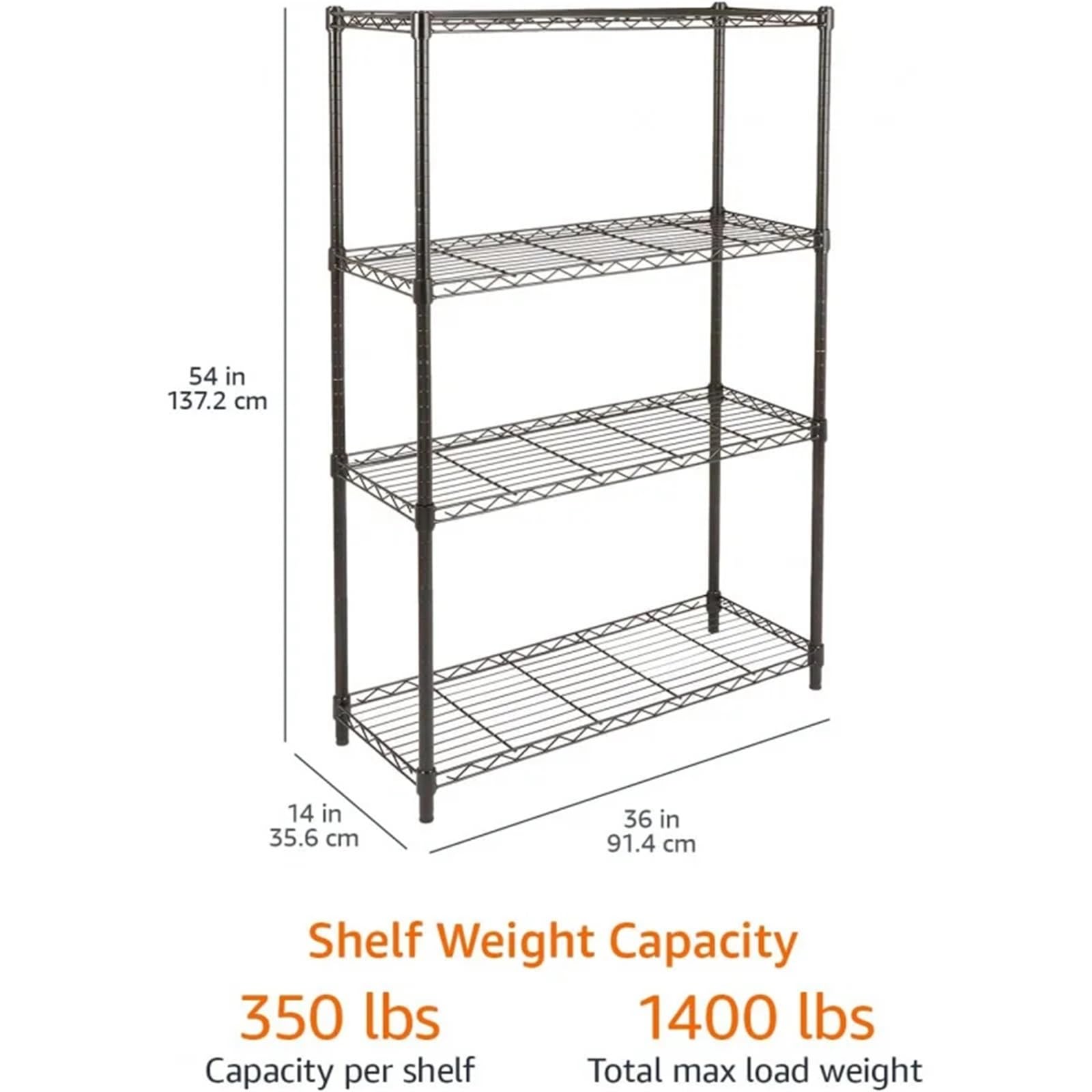 Scaffali in Metallo per Garage Scaffale portaoggetti Regolabile a 4 Ripiani in Filo di Acciaio Resistente for Garage, 36" L x 14" L x 54" A, Nero(Black)