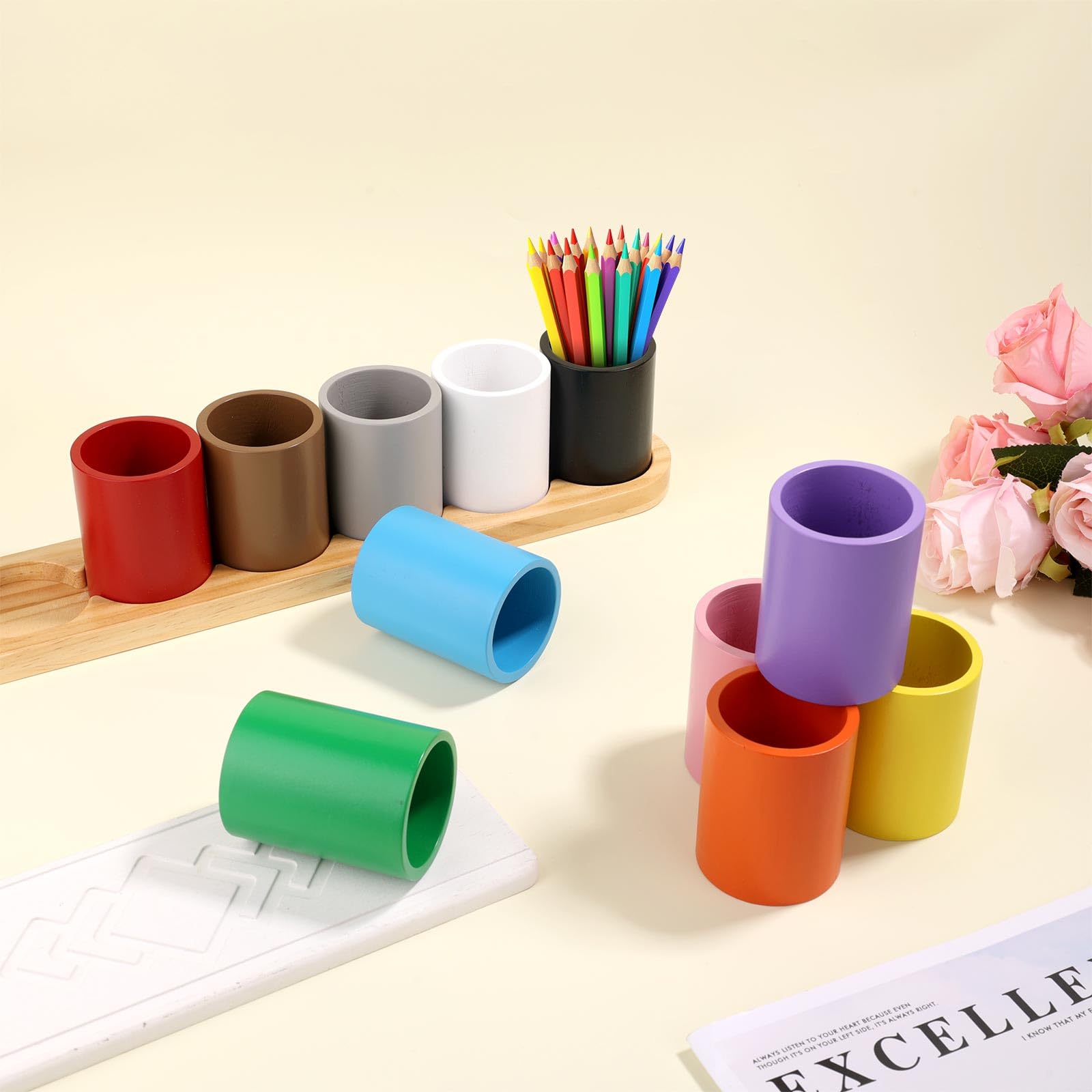 Diegimr Wooden Colored Pencil Holder, Crayon Holder Creative Desk Wood Colored Pencil Holders with 11 Movable Compartments Pen Cups Holders for Kids Desk Office Home School Supply - Image 3