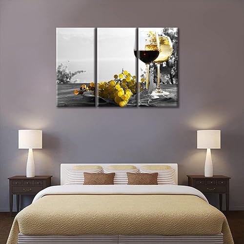 Miniatura 2 de TUMOVO Arte de pared para cocina, fotos de copas de vino tinto, pinturas de lienzo de uva amarilla, arte contemporáneo de 3 piezas, arte de pared de