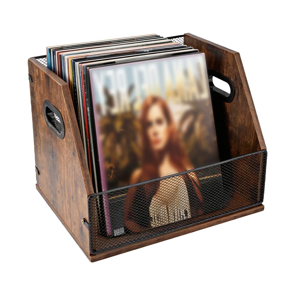 DICOSMETIC 38,5 x 28 x 28 cm, in legno di vinile, rustico, marrone, in legno, per album, caricatore, organizer con manico, decorazione per la casa e l'ufficio
