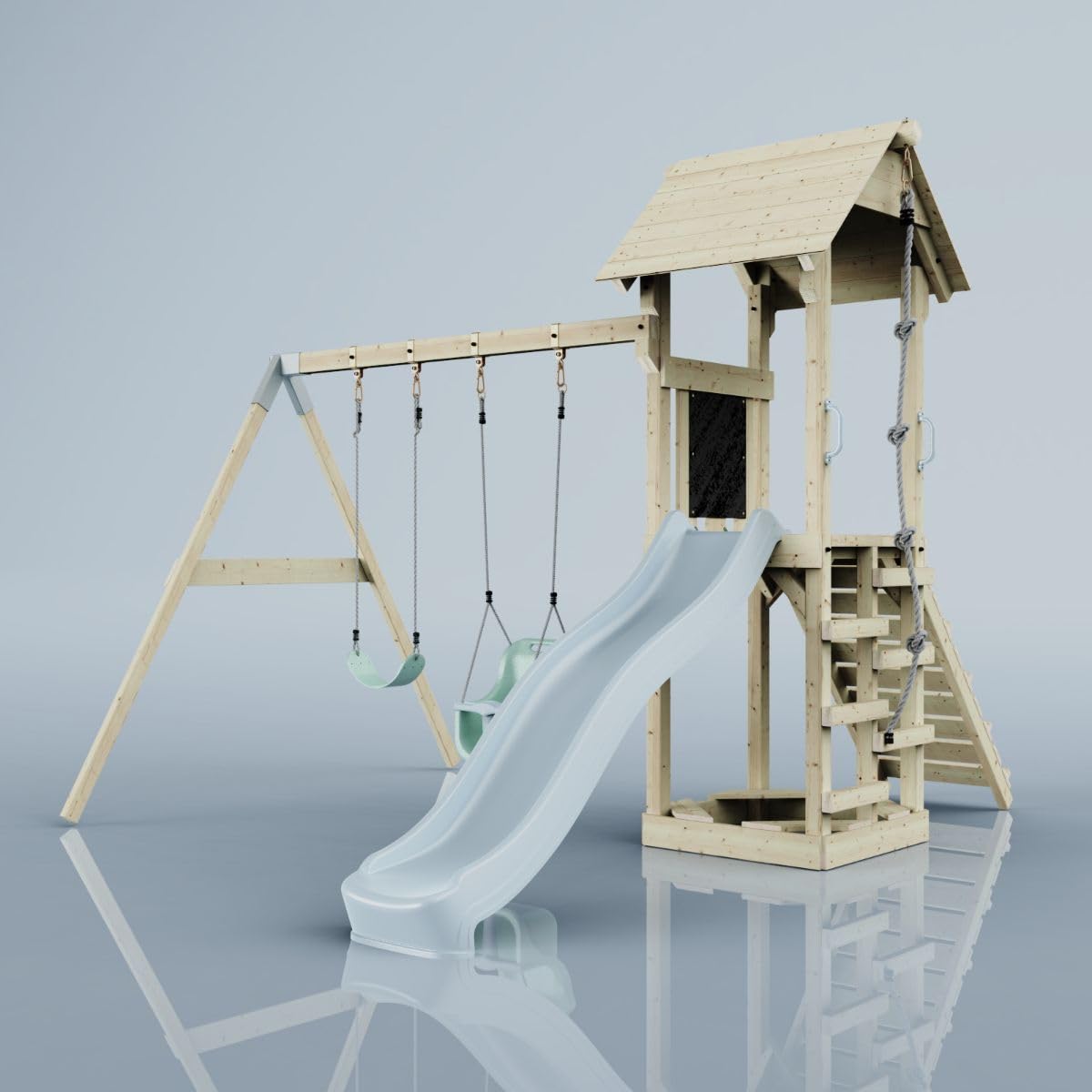 Rebo Spielturm mit Wellenrutsche und Kinder-Schaukel, Outdoor Klettergerüst Garten,Eisblau
