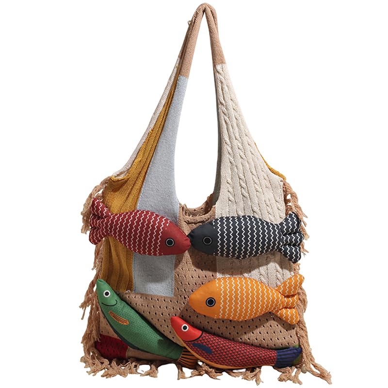 Knitted Summer Tote Handbag for Women Girls Shoulder Boho Bag Cute Tote Bag with Handmade Doll Fish for Summer Vacation