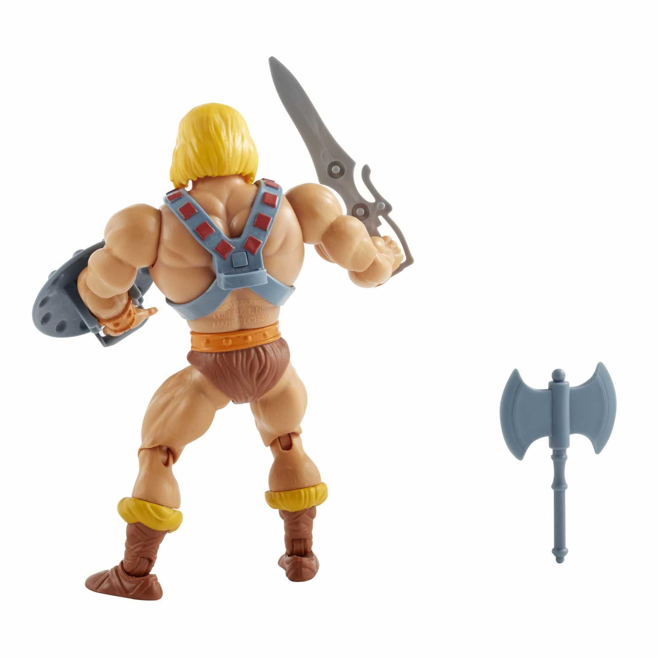 Masters of The Universe Origins Figura de acción de He-Man, Juguete de héroe de televisión de 13,97cm, Motu 1980, diseño detallado con arnés, Espada, Hacha y Escudo, JNP97