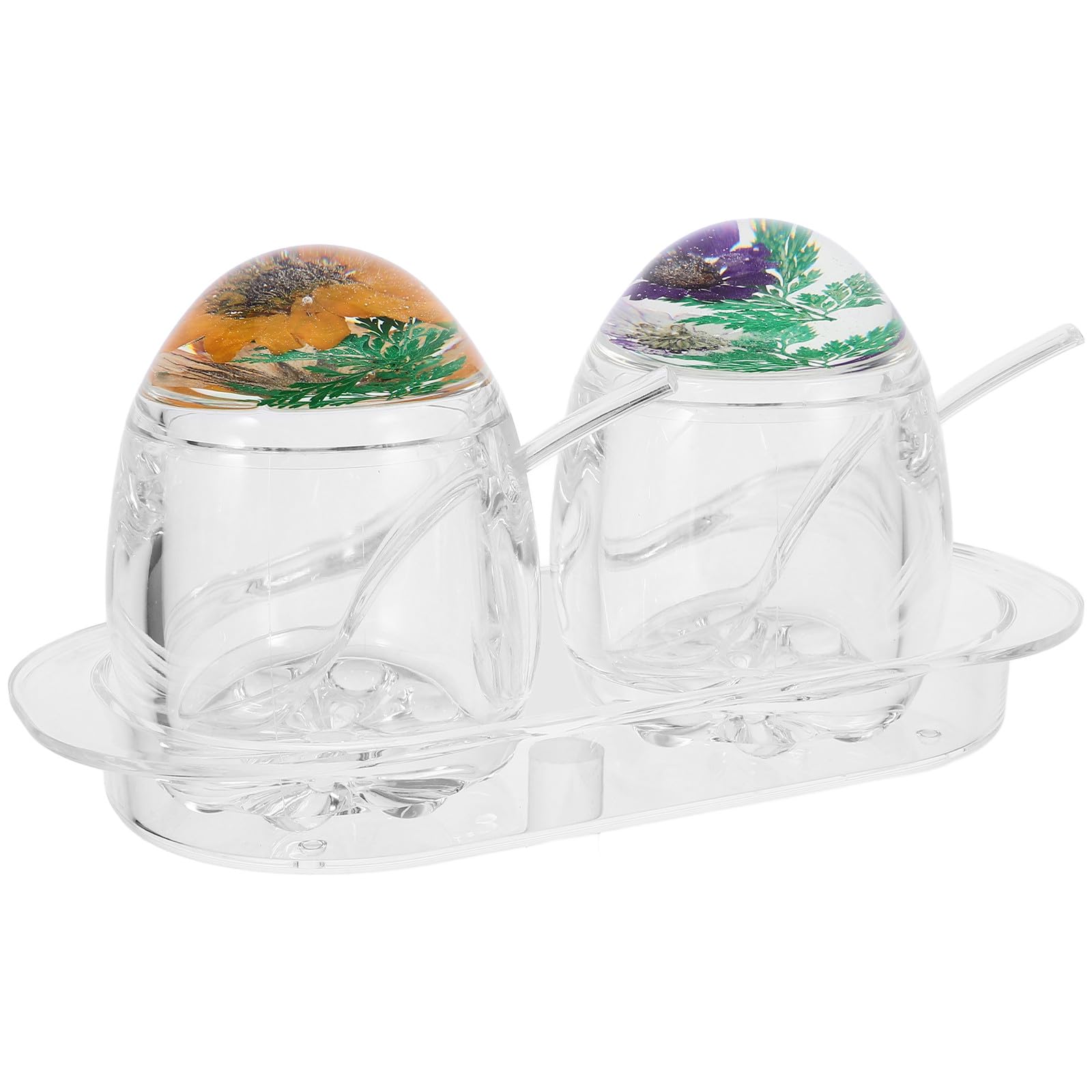 Luxshiny Transparenter Acryl Gewürzbehälter mit Blütenmuster Deckel und Löffel 2 Stück Gewürzset für Küche Sichere Aufbewahrung von Gewürzen und Hühnchenpulver im Haushalt Zufälliger Stil
