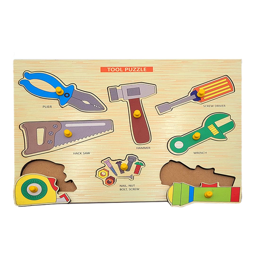 Little Genius Wooden Tools Puzzle Tray for Kids with Knobs - Fun Learning Educational Toy | 3+ Years | Multi-Colour