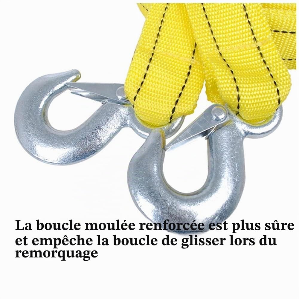 Sangles de remorquage Robustes avec Crochets, Sangle de remorquage Double Couche, 5 tonnes, capacité de 4 mètres, pour Voitures, camions, Jeep, Bateaux et Plus Encore, Corde de remorquage Jaune