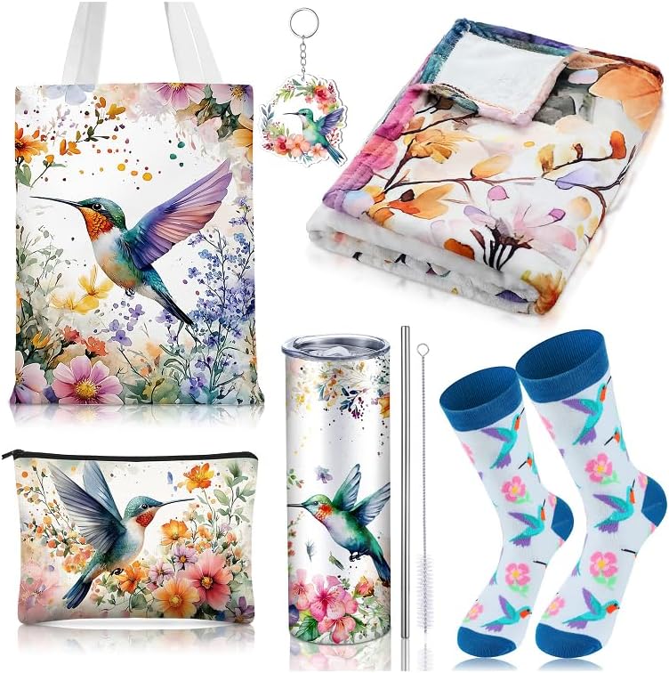 6 Pcs Hummingbird Gifts for Women Include 20 oz Hummingbird Stainless Steel Tumbler with Lid Throw Blanket Cosmetic Bag Keychain Socks Handbag for Christmas Birthday Gift