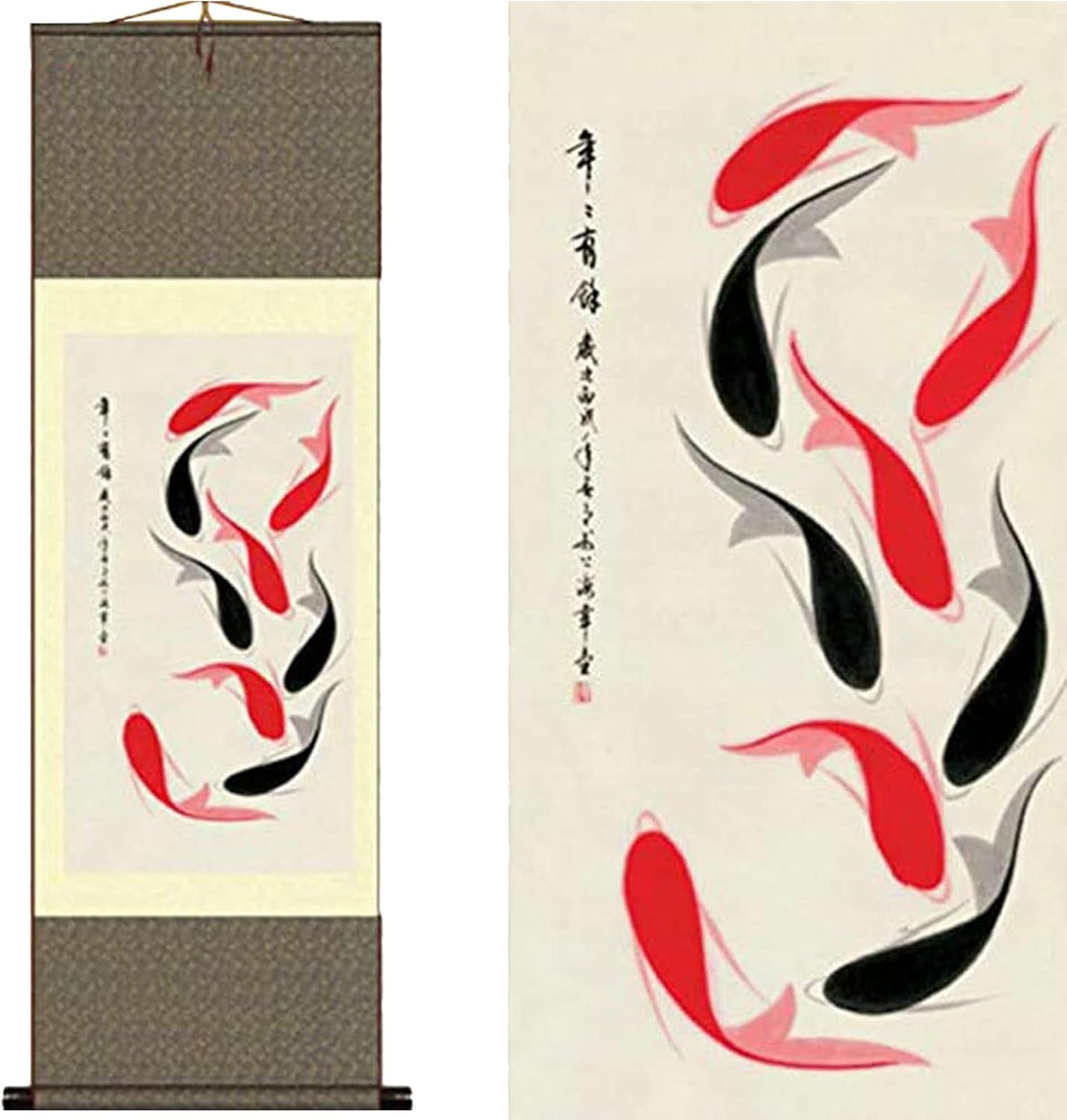 AtfArt Silk Scroll Painting Asian Wall Decor Fish - Year Have Fish - koi - Red Black Carp Beautiful Chinese Art Wall Scroll Hanging Painting Scroll Oriental Decor(36.2x12in)