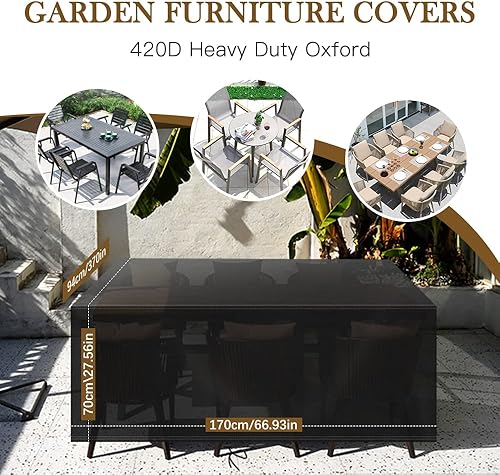 Miniatura 2 de Juego de fundas impermeables para muebles de mesa de patio al aire libre, mesa de comedor rectangular y sillas de uso general, funda seccional