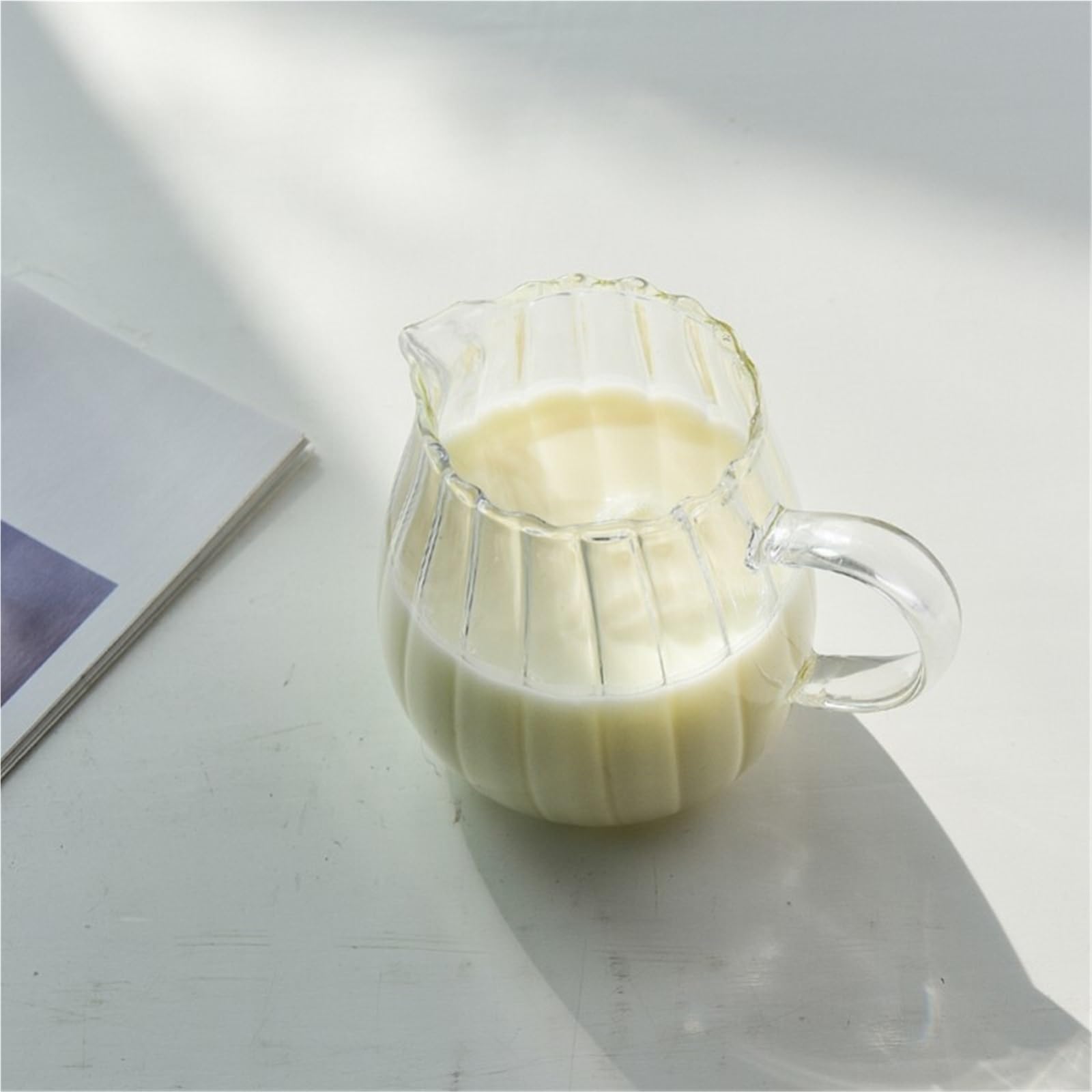 Jarra de leche vidrio a rayas, separador café, té la, jarra espuma transparente con mango, 2 uds Para Espumar(11.5 * 8.8cm)