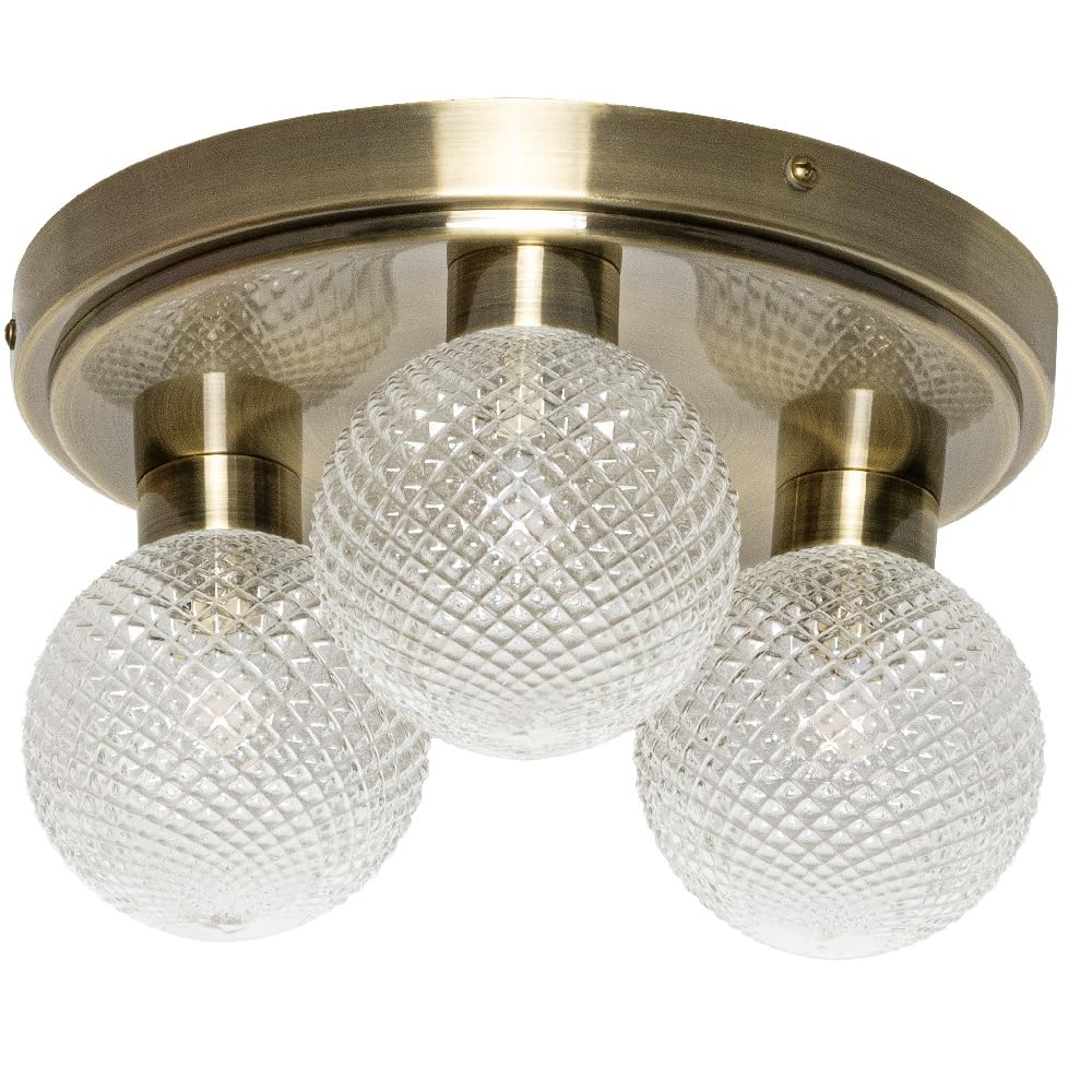 Britalia Flush Ceiling Light for Bathroom, 28cm, Antique Brass and Glass, Vintage, IP44, Indoor and Outdoor